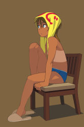 Rule 34 | 1girl, arm support, blue eyes, brown background, chair, flat chest, from side, go robots, leg up, looking to the side, nipples, original, parted lips, shadow, shirt tan, simple background, sitting, slippers, solo, tan, tanline, topless, towel, towel on head
