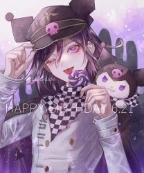 Rule 34 | 1boy, artist name, black hair, black headwear, buttons, candy, checkered clothes, checkered scarf, cosplay, danganronpa (series), danganronpa v3: killing harmony, demon tail, double-breasted, food, grin, hair between eyes, hand up, happy birthday, highres, holding, holding candy, holding food, holding lollipop, kuromi, kuromi (cosplay), lollipop, long sleeves, male focus, multicolored background, oma kokichi, onegai my melody, pink eyes, sanrio, scarf, skull ornament, smile, tail, teeth, z-epto (chat-noir86)