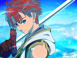 Rule 34 | 1boy, adol christin, ahoge, blue eyes, blue sky, dated, falcom, gloves, highres, holding, holding sword, holding weapon, looking at viewer, male focus, ocean, outdoors, over shoulder, red hair, short hair, signature, sky, sleeveless, smile, solo, sword, sword over shoulder, tinybiard, twitter username, weapon, weapon over shoulder, ys, ys x nordics