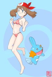 Rule 34 | 1girl, absurdres, alternate costume, bandana, bare shoulders, bikini, blue background, blue eyes, blush, breasts, brown eyes, brown hair, cleavage, collarbone, creatures (company), feet, female focus, full body, game freak, gen 3 pokemon, hair between eyes, hands up, hat, highres, looking at viewer, may (pokemon), medium breasts, mudkip, navel, nintendo, open mouth, poke ball symbol, pokemon, pokemon (creature), pokemon rse, print bikini, red bikini, red hat, simple background, smile, standing, standing on one leg, swimsuit, tail, tax2rin, text focus, translation request, two-tone background