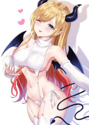 Rule 34 | 1girl, ;p, absurdres, argyle, argyle clothes, argyle sweater, armpits, black horns, black wings, blonde hair, blue eyes, blush, breasts, cowboy shot, demon girl, demon horns, demon tail, demon wings, detached sleeves, fingernails, garter straps, gradient hair, heart, highres, hololive, horns, large breasts, mary is mine, medium breasts, meme attire, multicolored hair, navel, one eye closed, panties, pink hair, pointy ears, shadow, side-tie panties, solo, sweater, tail, thighhighs, tongue, tongue out, underboob, underwear, virgin destroyer sweater, virtual youtuber, white panties, white sleeves, white thighhighs, wings, yuzuki choco