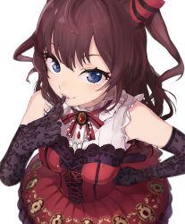Rule 34 | 10s, 1girl, bare shoulders, black gloves, blue eyes, bow, brown hair, corset, dress, elbow gloves, finger to mouth, frills, gloves, hand on own hip, ichinose shiki, idolmaster, idolmaster cinderella girls, idolmaster cinderella girls starlight stage, jewelry, long hair, looking at viewer, looking up, pendant, red dress, smile, solo, twintails, wavy hair, youmak