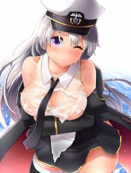 Rule 34 | 1girl, azur lane, breast hold, breasts, commentary request, cowboy shot, detached sleeves, enterprise (azur lane), covered erect nipples, hair between eyes, highres, large breasts, long hair, long sleeves, looking at viewer, necktie, neit ni sei, one eye closed, purple eyes, shirt, silver hair, skirt, sleeveless, sleeveless shirt, solo, thighhighs, torn clothes, torn shirt, translucent, water drop, wet, wet clothes, wet shirt