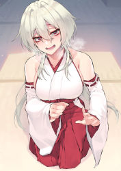 Rule 34 | 1girl, bare shoulders, blue eyes, blush, breasts, breath, day, detached sleeves, eyelashes, full body, hair between eyes, hakama, hakama skirt, handjob gesture, heavy breathing, highres, japanese clothes, jjune, kimono, kneeling, large breasts, long hair, looking at viewer, miko, nontraditional miko, open mouth, original, paid reward available, pleated skirt, ponytail, red skirt, sideboob, silver hair, skirt, smile, solo, sunlight, tatami, twitter username, wide sleeves