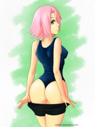 Rule 34 | 1girl, ass, bike shorts, bike shorts pull, clothes pull, evil-dei, green eyes, haruno sakura, highres, huge ass, looking at viewer, looking back, naruto, naruto (series), one-piece swimsuit, pink hair, shorts, shorts pull, solo, swimsuit