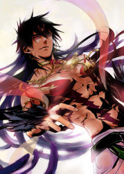Rule 34 | 1boy, black hair, feathers, jewelry, long hair, magi the labyrinth of magic, male focus, manly, murmurze, necklace, red eyes, sinbad (magi), solo, tattoo