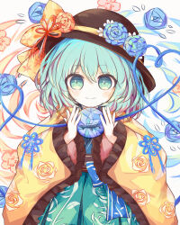 Rule 34 | 1girl, black hat, blue flower, blush, bow, closed mouth, commentary request, eyeball, floral print, flower, frilled sleeves, frills, green eyes, green hair, hat, hat bow, hat flower, hat ribbon, heart, heart of string, highres, japanese clothes, komeiji koishi, long sleeves, looking at viewer, medium hair, red flower, red ribbon, ribbon, ro.ro, smile, solo, third eye, touhou, wide sleeves, yellow bow