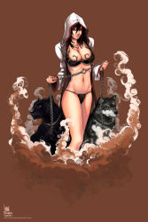 Rule 34 | 1girl, animal, bikini, black bikini, black panther, breasts, cat, chain, hood, metal bikini, panther, smoke, solo, swimsuit, wolf