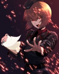 Rule 34 | 10s, 1girl, arm up, belt, brown hair, clipboard, dark, foreshortening, garrison cap, girls und panzer, glowing, glowing eyes, hat, highres, light particles, looking at viewer, mityubi, nishizumi maho, open mouth, outstretched arm, red eyes, short hair, shouting, solo, uniform, upper body