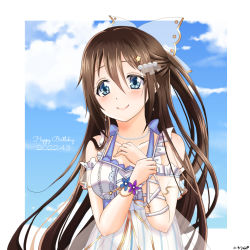 Rule 34 | 1girl, anata no risou no heroine, aqua bow, aqua eyes, arm garter, arm ribbon, artist name, artist request, bare shoulders, blue bow, blue eyes, blue sky, blush, bow, bracelet, breasts, brown hair, cleavage, cloud, collarbone, cross-laced clothes, cross-laced dress, dated, day, dress, dress bow, drop earrings, earrings, female focus, flower, flower bracelet, frilled dress, frills, hair between eyes, hair bow, hair ornament, hairclip, half updo, halter dress, halterneck, hand on own arm, jewelry, long hair, looking at viewer, love live!, love live! nijigasaki high school idol club, love live! school idol festival, medium breasts, miniskirt, necklace, osaka shizuku, outdoors, parted lips, pearl bracelet, pearl hair ornament, pearl necklace, pink flower, pink rose, plaid, plaid dress, plaid skirt, pleated, pleated dress, pleated skirt, ponytail, purple flower, purple rose, ribbon, rose, short sleeves, skirt, sky, smile, solo, star (symbol), star hair ornament, striped clothes, striped dress, striped skirt, vertical-striped clothes, vertical-striped dress, vertical-striped skirt, white bow, white dress, white ribbon, white skirt, wrist ribbon