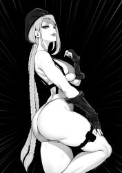 Rule 34 | 1girl, artist name, ass, beret, bikini, braid, brassica, breasts, cammy white, fingerless gloves, from side, gloves, greyscale, hand on own thigh, hat, highres, large breasts, long hair, median furrow, monochrome, parted lips, photo-referenced, pouch, solo, street fighter, street fighter 6, swimsuit, thick eyelashes, thigh pouch, thigh strap, thong, thong bikini, twin braids