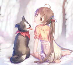 Rule 34 | 1girl, :p, ahoge, barefoot, border collie, brown eyes, brown hair, commentary, dog, dot nose, dress, flower, frilled dress, frills, from behind, hair flower, hair ornament, hair ribbon, hakozaki serika, hand on ground, hashtag-only commentary, head tilt, idolmaster, idolmaster million live!, junior (idolmaster), kawaseki, long hair, looking at viewer, looking back, medium dress, outdoors, ribbon, short sleeves, sitting, symbol-only commentary, tareme, tongue, tongue out, twintails, two-tone dress, very long hair, white dress, yellow dress