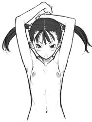 Rule 34 | 1girl, angry, armpits, arms up, blush, breasts, female focus, flat chest, frown, greyscale, hair tie, jiyu2, looking at viewer, lowres, monochrome, navel, nipples, nude, original, short hair, simple background, small breasts, solo, topless frame, twintails, upper body