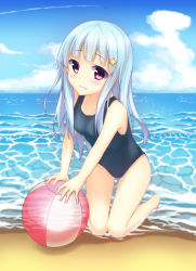 Rule 34 | 1girl, bad id, bad pixiv id, ball, barefoot, beach, beachball, blue hair, blush, cloud, colored eyelashes, contrail, day, grin, hair ornament, hairclip, highres, kneeling, long hair, looking at viewer, ocean, one-piece swimsuit, original, outdoors, purple eyes, school swimsuit, senifu, sky, smile, solo, star (symbol), star hair ornament, swimsuit, thigh gap, transparent, water