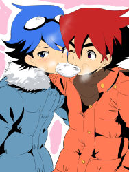 Rule 34 | 10s, 2boys, baozi, blue hair, blush, child, coat, flat color, food, goggles, goggles on head, looking at viewer, male focus, multiple boys, oogami guren, red hair, steam, tagme, tenkai knights, washizaki seiran, wince, winter clothes, winter coat, yaoi