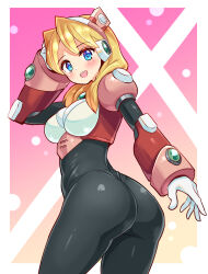 Rule 34 | 1girl, alia (mega man), armor, ass, ass focus, blonde hair, blue eyes, blush, bodystocking, breasts, capcom, cougar (cougar1404), female focus, from behind, from below, gradient background, hand on own head, long hair, looking at viewer, looking back, medium breasts, mega man (series), mega man x (series), open mouth, pink armor, pink background, robot, robot ears, skin tight, solo, teeth, upper teeth only, wedgie