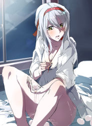 Rule 34 | 10s, 1girl, breasts, cleavage, drooling, egg, egg laying, hairband, kantai collection, long hair, night, no panties, on bed, ruuto (sorufu), shoukaku (kancolle), silver hair, sitting, small breasts, solo, window, yellow eyes