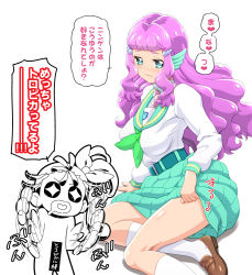 Rule 34 | 2girls, :3, aozora middle school uniform, blue eyes, breasts, brown footwear, closed mouth, commentary request, drooling, fins, green sailor collar, green skirt, head fins, kohsaka jun, laura (precure), long hair, long sleeves, looking at viewer, medium breasts, multiple girls, natsuumi manatsu, pink hair, precure, sailor collar, school uniform, shoes, simple background, skirt, smile, socks, sparkling eyes, speech bubble, translation request, tropical-rouge! precure, white background