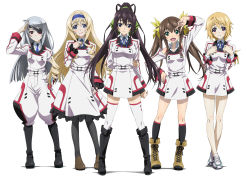 Rule 34 | 10s, 5girls, anklet, black hair, blonde hair, blue eyes, blue ribbon, brown hair, cecilia alcott, charlotte dunois, cross-laced footwear, drill hair, eyepatch, full body, green eyes, hair ribbon, headband, highres, huang lingyin, infinite stratos, jewelry, laura bodewig, long legs, multiple girls, official art, okiura, purple eyes, red eyes, ribbon, salute, serious, shinonono houki, shoelaces, silver hair, simple background, standing, thighhighs, twintails, v over eye, white background, white legwear, zettai ryouiki