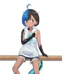 Rule 34 | 1girl, ari hinoko, bad id, bad twitter id, black eyes, black hair, blue eyes, blue hair, blue shorts, blush, closed mouth, commentary request, dark-skinned female, dark skin, denim, denim shorts, hair ornament, hairclip, heterochromia, highres, hood, hood down, hoodie, lizard tail, looking away, messy hair, monster girl, multicolored hair, original, scales, short hair, shorts, simple background, sitting, sleeveless, sleeveless hoodie, solo, split-color hair, tail, two-tone hair, wakao ruri, white background