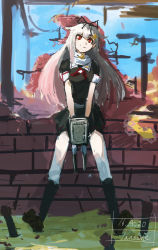 Rule 34 | 10s, 1girl, between legs, blonde hair, brick wall, commentary request, hand between legs, kantai collection, kneehighs, lansane, long hair, looking at viewer, red eyes, scarf, sitting, smile, socks, solo, yuudachi (kancolle), yuudachi kai ni (kancolle)