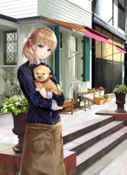 Rule 34 | 1girl, animal, apron, awning, bandana, blonde hair, building, buttons, chair, chef no kimagure salad, day, dog, dog cafe one noir, dress shirt, eyebrows, flower pot, highres, holding, holding animal, light brown hair, long sleeves, official art, open mouth, original, outdoors, pinstripe pattern, plant, planter, potted plant, purple eyes, scrunchie, shirt, side ponytail, smile, solo, stairs, striped clothes, striped shirt, vertical-striped clothes, vertical-striped shirt, waist apron, window