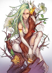 Rule 34 | 1girl, artist name, black bow, black bowtie, bow, bowtie, branch, breasts, bridal gauntlets, cleavage, dress, elbow gloves, flower, full body, gloves, gradient background, green hair, hair flower, hair ornament, in tree, knee up, league of legends, lily (flower), long hair, looking at viewer, maokai, medium breasts, nail polish, open mouth, parted lips, racoona, see-through, sitting, sleeveless, toenail polish, toenails, tree, very long hair, white dress, white gloves, yellow eyes, yellow nails, zyra