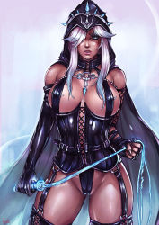 Rule 34 | 1girl, areola slip, ashe (league of legends), asymmetrical gloves, black gloves, black thighhighs, blue eyes, breasts, cape, corset, cowboy shot, dark-skinned female, dark skin, dominatrix, elbow gloves, fingerless gloves, garter straps, gloves, groin, hair over one eye, hood, kachima, large breasts, league of legends, looking at viewer, parted lips, partially visible vulva, silver hair, solo, spikes, thighhighs, uneven gloves, whip