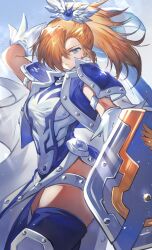 Rule 34 | 1girl, blue eyes, blue thighhighs, breasts, brown hair, dress, duel monster, hair over one eye, hajime daijo, high ponytail, holding, holding shield, holding sword, holding weapon, knight, long hair, looking at viewer, medium breasts, paladin, shield, shoulder pads, silent paladin, solo, sword, thigh strap, thighhighs, weapon, white dress, yu-gi-oh!