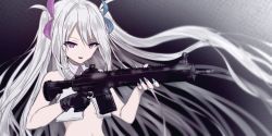 Rule 34 | 1girl, bare shoulders, black background, black gloves, coyushi, crop top, gloves, gun, holding, holding gun, holding weapon, indie virtual youtuber, long hair, looking at viewer, navel, no bra, open mouth, otomata ruka, pink eyes, purple eyes, sidelocks, silver hair, solo, two side up, upper body, virtual youtuber, weapon