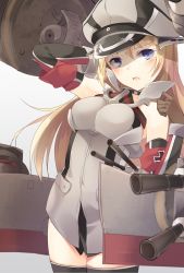 Rule 34 | 10s, 1girl, bad id, bad pixiv id, bismarck (kancolle), bismarck kai (kancolle), blonde hair, blue eyes, blush, breasts, brown gloves, cannon, gloves, grey thighhighs, hat, kantai collection, large breasts, long hair, looking at viewer, open mouth, peaked cap, personification, solo, thighhighs, yuzumochi