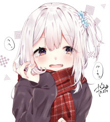 Rule 34 | 1girl, abe suke, blush, brown eyes, brown shirt, commentary request, dated, diagonal stripes, fingernails, hair between eyes, hair ornament, hair scrunchie, hand up, highres, long hair, long sleeves, one side up, original, red scarf, scarf, scrunchie, shirt, signature, silver hair, sleeves past wrists, solo, striped clothes, striped scrunchie, translation request, white background
