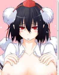 Rule 34 | 1girl, bad id, bad pixiv id, black hair, blush, breast suppress, breasts, breasts apart, colored eyelashes, female focus, hat, highres, kinsenka, large breasts, looking at viewer, open clothes, open mouth, open shirt, out-of-frame censoring, red eyes, shameimaru aya, shirt, solo, tokin hat, touhou
