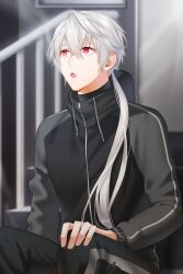 Rule 34 | 1boy, :o, black jacket, blurry, blurry background, cheritz, drawstring, hand on own knee, high collar, highres, jacket, long hair, long sleeves, low ponytail, male focus, official art, open mouth, red eyes, sitting, solo, susanghan messenger, third-party source, white hair, zen (susanghan messenger), zipper pull tab