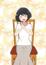 Rule 34 | 1girl, :d, ^ ^, black hair, blush, bob cut, breasts, brown skirt, casual, chair, closed eyes, collarbone, commentary, facing viewer, girls und panzer, happy, head tilt, long skirt, on chair, open mouth, own hands together, shirt, short hair, short sleeves, sitting, skirt, small breasts, smile, solo, swept bangs, tokishiro (himawarihatake), utsugi yuuki, v-neck, w arms, white background, white shirt, yellow background