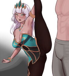 1boy 1girl absurdres armlet armpits bare_shoulders blunt_bangs bracelet breasts brown_pants brown_pantyhose cel_da_lin cleavage collarbone crown dark-skinned_female dark_skin dress green_dress grey_hair highres jewelry large_breasts league_of_legends leg_up long_hair looking_at_viewer mole mole_under_eye pants pantyhose qiyana_(league_of_legends) short_dress simple_background split standing standing_on_one_leg standing_split strapless strapless_dress topless white_background