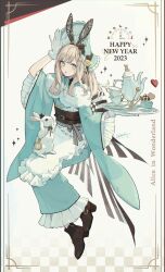 Rule 34 | 1girl, 2023, absurdres, akakura, alice (alice in wonderland), alice in wonderland, analog stopwatch, animal ears, apron, aqua eyes, aqua headwear, aqua kimono, belt, blonde hair, bonnet, boots, brown footwear, checkerboard cookie, chinese zodiac, cookie, copyright name, cup, english text, food, frilled apron, frilled sleeves, frills, gloves, hairband, hands up, happy new year, headdress, highres, holding, holding tray, japanese clothes, kimono, lolita fashion, looking at viewer, medium hair, new year, obi, open mouth, original, plate, rabbit, rabbit ears, ribbon, sash, saucer, shoes, signature, simple background, spoon, teacup, teapot, teaspoon, tray, waist apron, white gloves, white rabbit (animal), wide sleeves, year of the rabbit