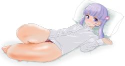Rule 34 | 1girl, bad id, bad pixiv id, barefoot, blouse, blunt bangs, blush, dress shirt, full body, long hair, looking at viewer, lying, new game!, on back, panties, pillow, purple eyes, purple hair, shirow (mha03133), shirt, solo, striped clothes, striped panties, suzukaze aoba, toenails, twintails, underwear, white shirt
