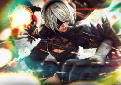 Rule 34 | 1girl, 2b (nier:automata), action, artist name, black dress, black hair, blindfold, breasts, cleavage, cleavage cutout, clothing cutout, colorful, cowboy shot, drag-on dragoon, dress, huge weapon, lips, magion02, mole, mole under mouth, motion blur, nier:automata, nier (series), parted lips, pod (nier:automata), short hair, silver hair, solo, sparkle, teeth, thighhighs, upper body, weapon, weapon on back