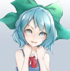 Rule 34 | 1girl, :d, ankh (ankh 05), blue eyes, blue hair, bow, cirno, collared shirt, dress, gradient background, hair bow, happy, lowres, matching hair/eyes, md5 mismatch, open mouth, red ribbon, resized, ribbon, shirt, short hair, sleeveless, sleeveless shirt, smile, solo, touhou, upper body