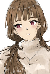 Rule 34 | 1girl, blunt bangs, brown hair, duffy, eyebrows, highres, idolmaster, idolmaster cinderella girls, jewelry, kamiya nao, long hair, looking to the side, low twintails, necklace, parted lips, red eyes, simple background, sketch, solo, sweater, turtleneck, turtleneck sweater, twintails