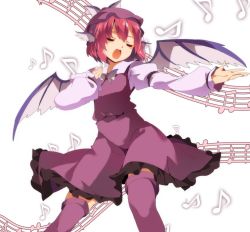 Rule 34 | 1girl, bad id, bad twitter id, beamed quavers, bird wings, blush, dress, closed eyes, hasebe yuusaku, hat, head wings, long sleeves, mob cap, music, musical note, mystia lorelei, open mouth, outstretched arm, pink hair, puffy sleeves, purple thighhighs, quaver, short hair, singing, smile, solo, thighhighs, touhou, white background, wings