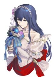 Rule 34 | 1girl, bare shoulders, blue eyes, blue flower, blue hair, blue rose, bouquet, bride (fire emblem), caeda (bridal) (fire emblem), caeda (fire emblem), closed mouth, collarbone, commentary, corrupted twitter file, cropped torso, detached sleeves, dress, fire emblem, fire emblem: mystery of the emblem, fire emblem: shadow dragon, fire emblem heroes, flower, hair between eyes, hair flower, hair ornament, highres, holding, holding bouquet, long hair, mik blamike, nintendo, official alternate costume, pink flower, pink rose, purple flower, purple rose, rose, simple background, smile, solo, wedding dress, white background, white dress, white flower, white rose, white sleeves
