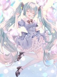 Rule 34 | 1girl, 39, aqua hair, azarashi6, black footwear, blue dress, blush, closed eyes, commentary, dress, facing viewer, hatsune miku, headset, high heels, highres, long hair, miku day, off-shoulder dress, off shoulder, open mouth, pink thighhighs, smile, solo, thigh strap, thighhighs, twintails, vocaloid