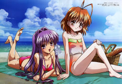 Rule 34 | 2000s (style), 2girls, :d, absurdres, antenna hair, arm support, bare shoulders, barefoot, beach, bikini, blush, bottle, bread, breasts, brown eyes, brown hair, clannad, cleavage, cloud, crossed arms, day, feet, flat chest, food, fujibayashi kyou, furukawa nagisa, hair between eyes, hair intakes, hair ornament, hair ribbon, hairclip, hand on own knee, head tilt, highres, legs up, long hair, looking at viewer, lying, megami magazine, multiple girls, o-ring, o-ring bikini, o-ring bottom, ocean, official art, on stomach, one-piece swimsuit, oonishi youichi, open mouth, orange one-piece swimsuit, outdoors, picnic basket, purple eyes, purple hair, red bikini, ribbon, scan, short hair, sidelocks, sitting, sky, small breasts, smile, soles, swimsuit, tan, toes, towel, tress ribbon, very long hair, water