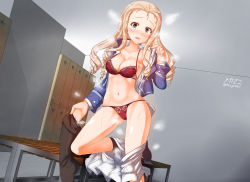Rule 34 | 1girl, bc freedom military uniform, black socks, blonde hair, blouse, blush, bra, breasts, cleavage, drill hair, girls und panzer, green eyes, groin, highres, large breasts, long hair, looking at viewer, marie (girls und panzer), megadeko, military, military uniform, navel, open clothes, open mouth, open shirt, panties, red bra, red panties, shirt, smile, socks, solo, underwear, undressing, uniform, white shirt