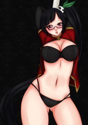 Rule 34 | 1girl, absurdres, arc system works, arms up, bad id, bad pixiv id, black bra, black hair, black panties, blazblue, blazblue: calamity trigger, blush, bra, breasts, chisana-neko, glasses, hair ornament, highres, lao jiu, large breasts, litchi faye ling, long hair, navel, open clothes, open mouth, open shirt, panda, panties, pink eyes, pole, ponytail, shirt, solo, underwear, very long hair