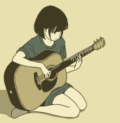 Rule 34 | 1girl, absurdres, commentary request, full body, green shirt, guitar, highres, hosoo, instrument, limited palette, monochrome, original, sad, shirt, short hair, sitting, solo, tan background, wariza
