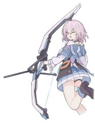Rule 34 | 1girl, black choker, black footwear, black gloves, blue eyes, bow (weapon), choker, commentary request, frilled shorts, frills, gloves, hair between eyes, highres, holding, holding bow (weapon), holding weapon, honkai: star rail, honkai (series), looking at viewer, looking to the side, march 7th (honkai: star rail), medium hair, miniskirt, one eye closed, origami gyokuo, pink eyes, pink hair, pleated skirt, shirt, shorts, shorts under skirt, simple background, skirt, smile, two-tone eyes, weapon, white background, white shorts