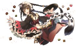 Rule 34 | 1girl, ahoge, animal ears, anju (utawarerumono), apron, aquaplus, ass, braid, brown hair, fang, female focus, from behind, full body, hair between eyes, hair ornament, highres, holding, holding plate, legs up, long hair, looking at viewer, maid, maid apron, maid headdress, mitsumi misato, official art, open mouth, orange eyes, outstretched arms, plate, sandals, simple background, smile, solo, spread arms, tail, teeth, tiger tail, utawarerumono, utawarerumono: itsuwari no kamen, utawarerumono: lost flag, very long hair